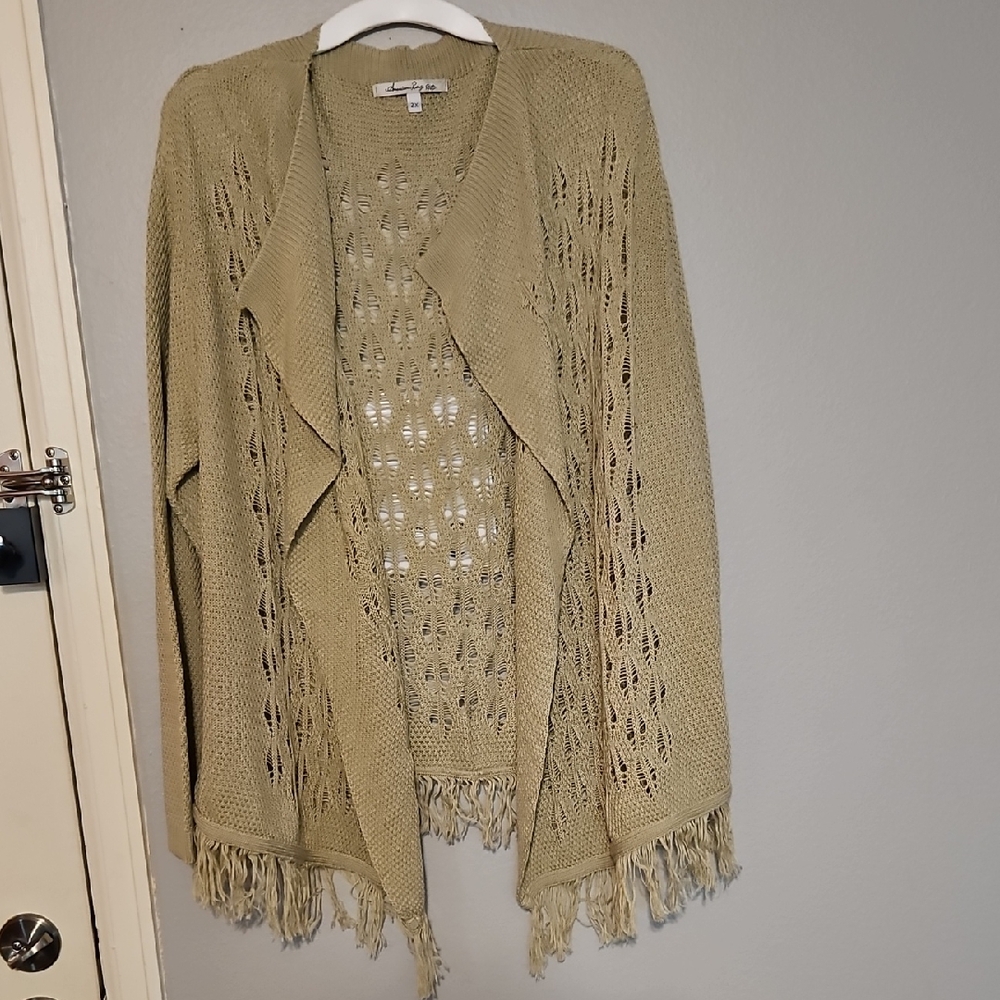 American Rag Olive Open Front Cardigan with Fringe